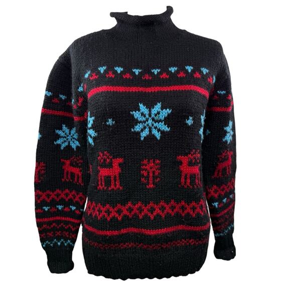 Obermeyer Fair Isle sweater Women Size S 100% Wool reindeer snowflakes Mock Neck - Picture 1 of 5